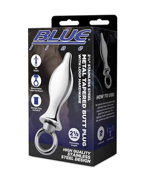 Blue Line 2.5" Stainless Steel Metal Tapered Butt Plug With Loop Hardware