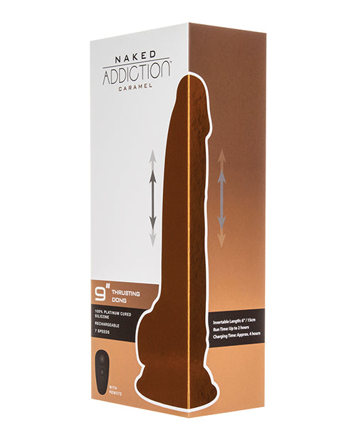 Naked Addiction Vibrating Dildo | 9" Big Dildo | Thrusting Remote Caramel Suction Cup Dildo