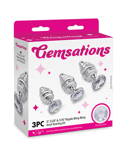 Gemsations 3 pc 2.95" & 3.25" & 3.7" Ripple Bling Bling Metal Butt Plug Training Set - Silver