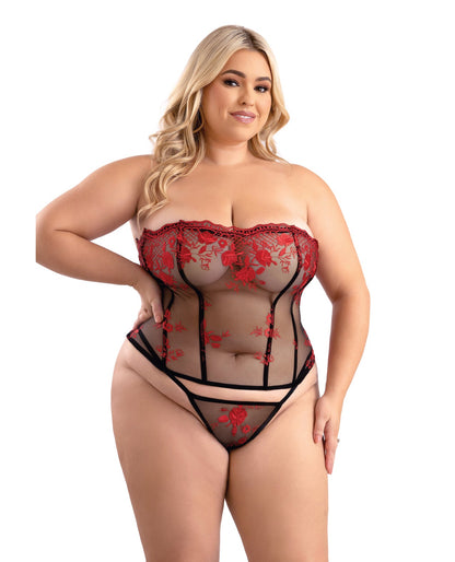 Floral Embroidered Mesh Corset w/G-String - Red/Black 1X/2X