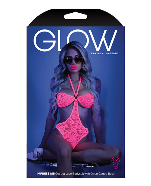 Glow Black Light Halter Bodysuit w/Open Sides Neon Pink S/M