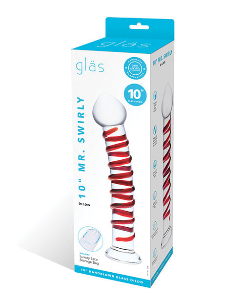 Glas 10" Big Dildo | Mr Swirly Glass Dildo | Red Stripe Realistic Dildo | Curved Tapered Tip