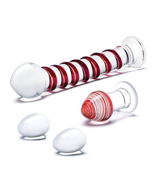 Glas 4-Piece Glass Dildo Set | Mr Swirly Glass Kegel Balls | 3.25" Red Butt Plug