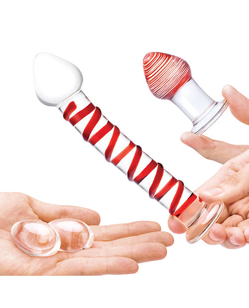 Glas 4-Piece Glass Dildo Set | Mr Swirly Glass Kegel Balls | 3.25" Red Butt Plug