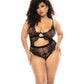 Floral Lace & Mesh Underwire Teddy w/Keyhole Details Black 1X/2X