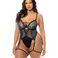 Lola Unlined Underwire Embroidered Teddy w/Attached Garter Stays - Black 1X