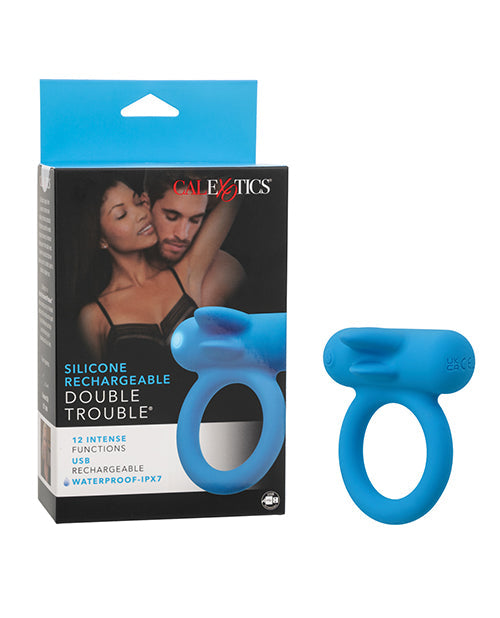 Couple's Enhancer Silicone Rechargeable Double Trouble Enhancer w/Flickering Dual Teasers - Blue