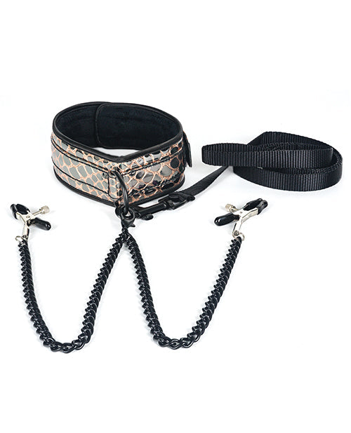 Spartacus Faux Leather Collar & Leash w/Black Nipple Clamps - Gold