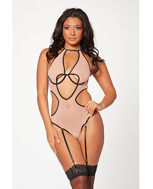 Mesh Cut Out Halter Teddy Nude/Black O/S